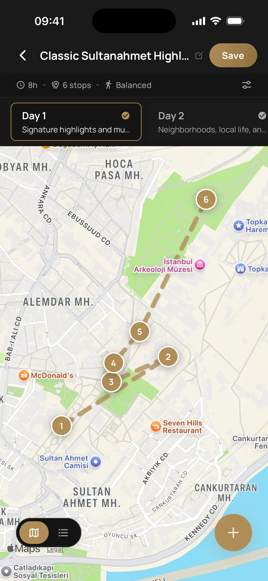 A two-day plan of Sultanahmet on a map